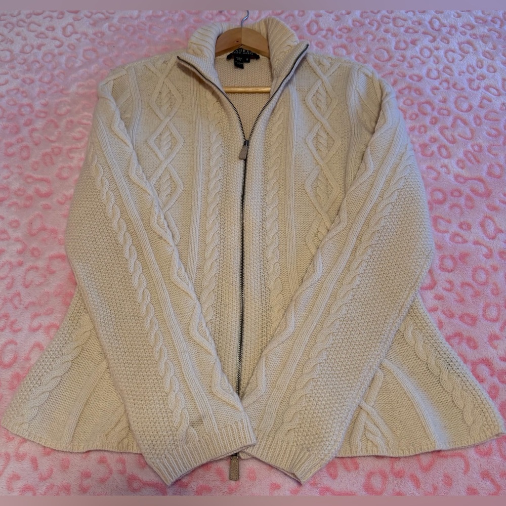 Ralph Lauren Lambs Wool Cream Cable Knit Sweater Cardigan Size: M - Picture 4 of 10